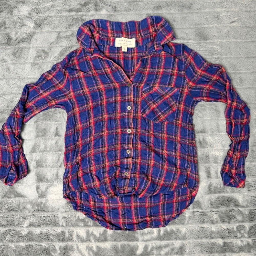 Cloth & Stone Anthropologie Plaid Button Down Shirt Blue Red Rayon XS